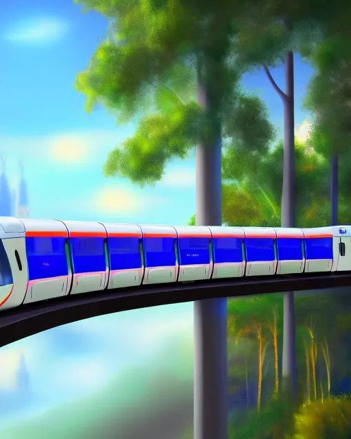 Prompt: The Disney Monorail coming towards the viewer, volumetric lighting, art station, visible brushstrokes, sharp focus, Highly Detailed, Cinematic Lighting, 8k, HD