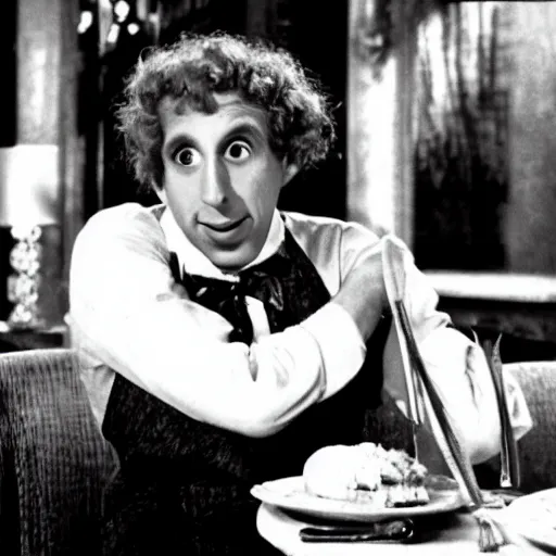 Prompt: harpo marx dines alone at a fancy restaurant