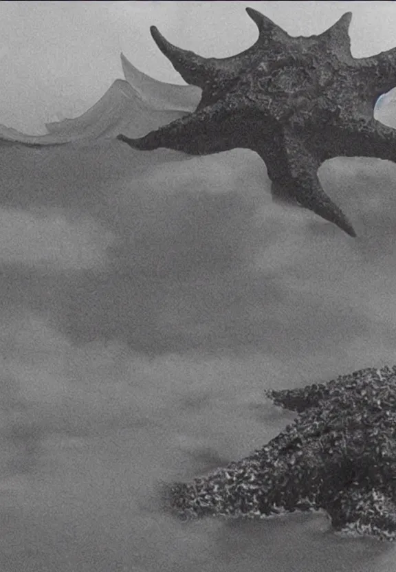 Image similar to a filmstill of a north korean monster movie, kaiju - eiga monster starfish - like trampling a traditional korean palace, foggy, film noir, video compression