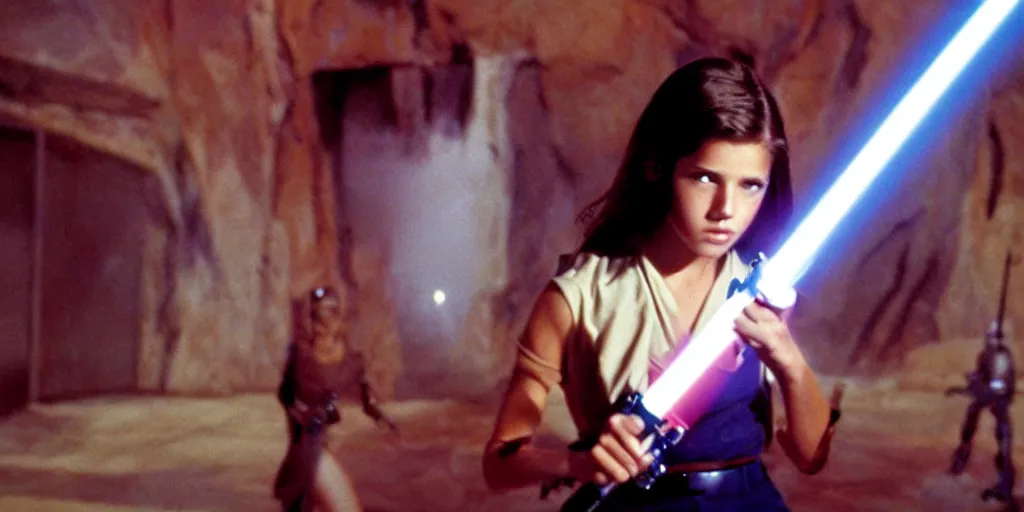 Image similar to a full color still of a teen brunette girl holding a lightsaber with a sci-fi battle in the background, cinematic lighting, 1999, directed by Steven Spielberg, 35mm