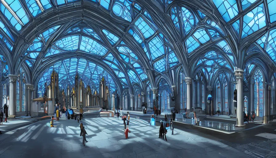 Image similar to futuristic neo - gothic london's church train station with blue windows and giant white dome on top, day, hyperdetailed, artstation, cgsociety, 8 k