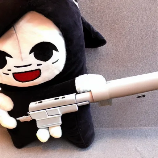 Prompt: cute angry fumo plush with a handgun, firearm, anime girl pointing gun