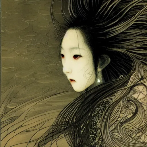 Image similar to yoshitaka amano blurred and dreamy illustration of a japanese woman with black eyes, wavy white hair fluttering in the wind wearing elden ring armor with engraving, abstract patterns in the background, noisy film grain effect, highly detailed, renaissance oil painting, weird portrait angle, blurred lost edges, three quarter view