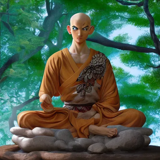 Prompt: marble statue of avatar aang meditating in a rococo japanese garden, cinematic shot, dramatic, oil painting by jama jurabaev, extremely detailed, brush hard, artstation, for aaa game, high quality, brush stroke