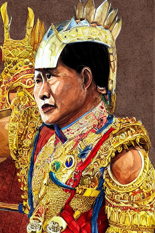 Image similar to from https : / / images. app. goo. gl / m 2 me 1 jcqzqfwpm 9 j 8! dream, full body portrait of king ramkhamhaeng the great, leather armor, tai ethnic group leader, emotional movement in the battle, highly detailed, digital painting, watercolor, artstation, concept art, smooth, sharp focus, illustration