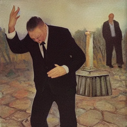 Prompt: “ a finnish man dancing next to grave while others are mourning, oil painting, ultrafine detail, associated press photo, realistic facial features ”