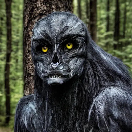 Image similar to !! werecreature consisting of male human and crow, photograph captured in a forest