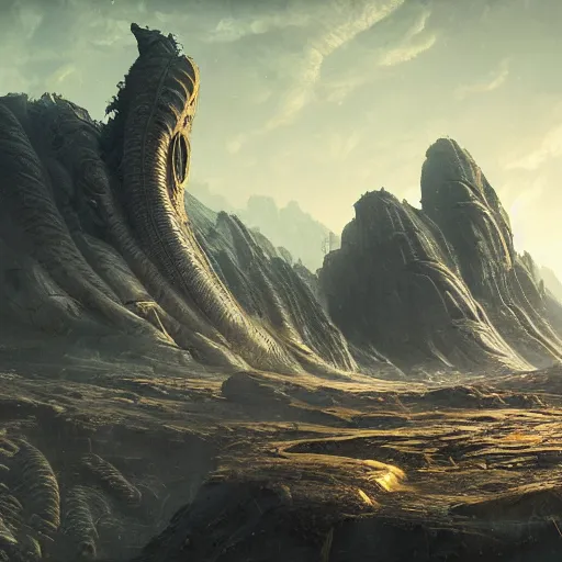 Image similar to alien landscape, highly detailed, illustration, fantasy art, in the style of greg rutkowski, epic, fantasy, intricate, hyper detailed, artstation, concept art, smooth, sharp focus, ray tracing