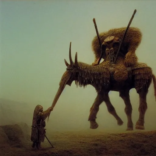 Image similar to ancient norse mammoth rider, wearing norse armor, beksinski