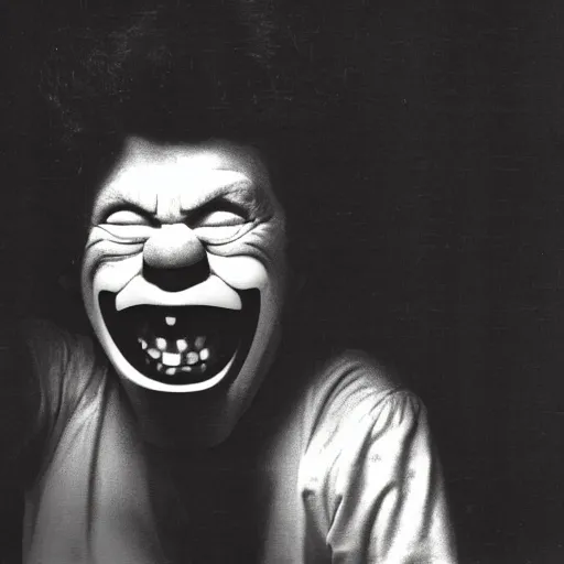 Image similar to creppy 2 0 0 1 photo of ronald mcdonald screaming in a dark room