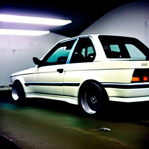 Image similar to a modified bmw e 3 0 with lights on in a futuristic neon parking garage, 3 5 mm photography, car photography, clean lines, realistic