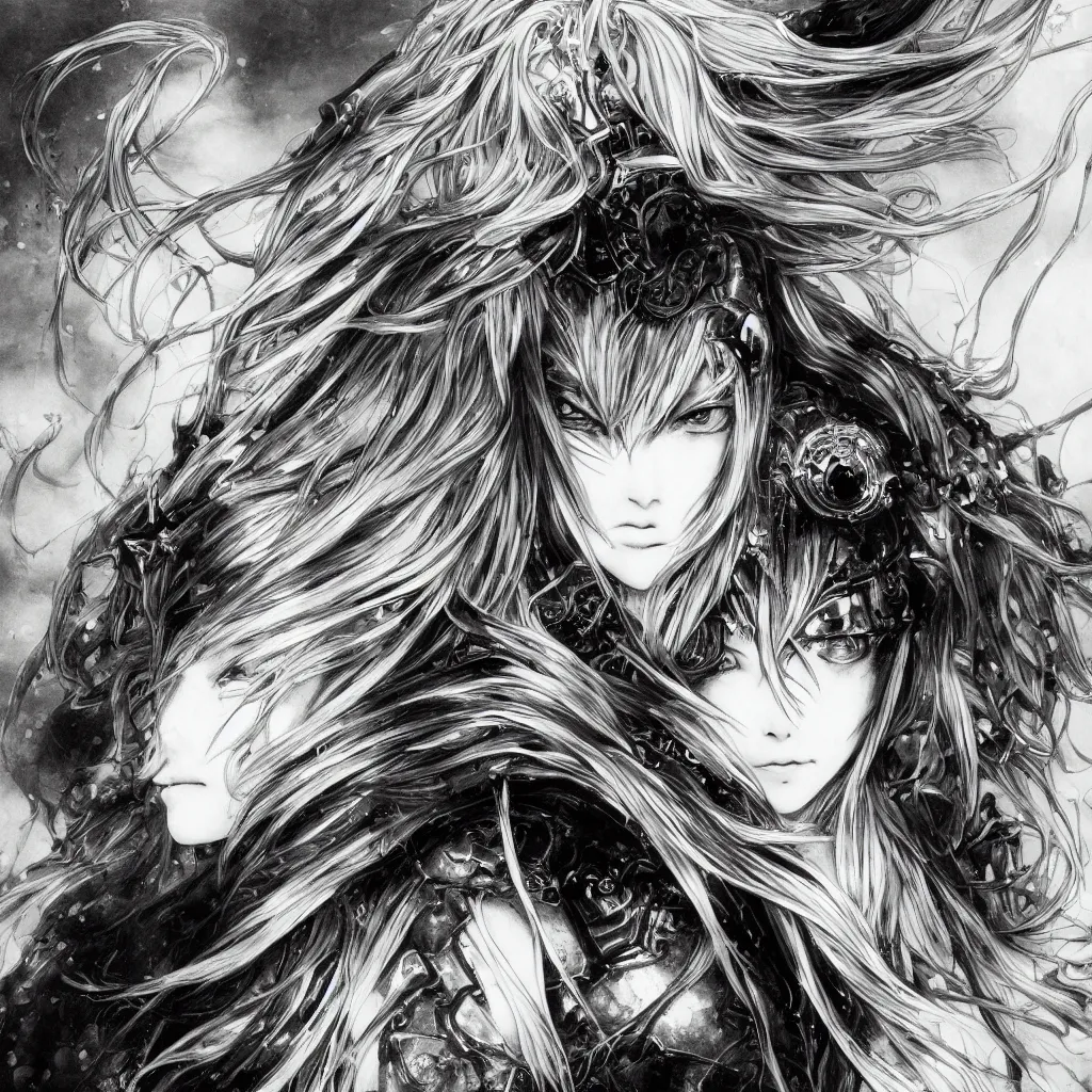 Image similar to Yoshitaka Amano realistic illustration of an anime girl with wavy white hair and cracks on her face wearing Elden ring armour with the cape fluttering in the wind, abstract black and white patterns on the background, noisy film grain effect, highly detailed, Renaissance oil painting, weird portrait angle