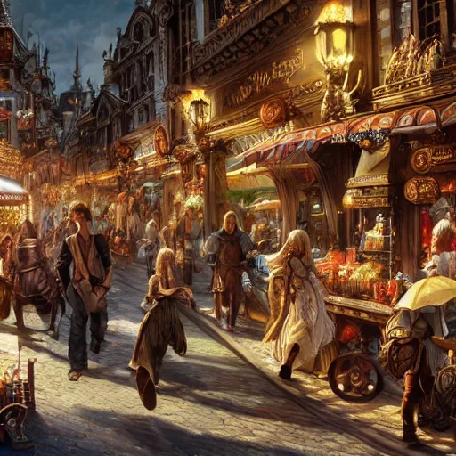 Prompt: a busy fantasy street market from within a beautiful and ornate city, hyper realistic digital art, beautiful painting, detailed, cinematic, great composition, rococo, dungeons and dragons, lord of the rings, artstation