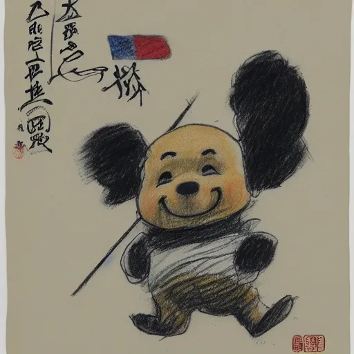 Image similar to xi jing ping with the body of winnie the pooh, satire, drawing, propaganda, chinese flag, evil grin