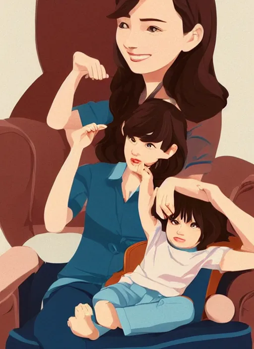 Prompt: a woman with brown hair sitting in an armchair with her child. clean cel shaded vector art. shutterstock. behance hd by lois van baarle, artgerm, helen huang, by makoto shinkai and ilya kuvshinov, rossdraws, illustration, art by ilya kuvshinov