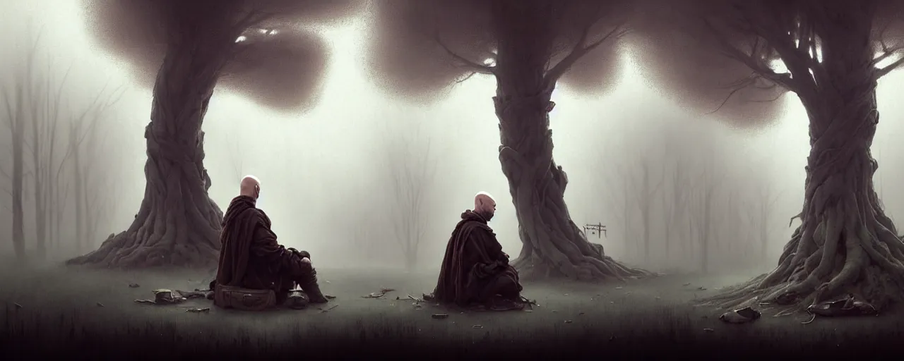 Prompt: duotone concept illustration 3 / 4 portrait bald merchant demon sitting below willow tree in a foggy evening rustical style. medieval brown tunic with pouches. cinematic volumentric lighting. accidental renaissance. by sachin teng and sergey kolesov and ruan jia and heng z. graffiti art, scifi, fantasy, hyper detailed. octane render. trending on artstation