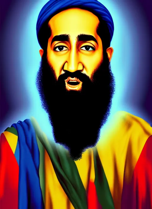 Image similar to bin laden ☦. pop art, no duplicate image, glowing lights, highly detailed, digital painting, artstation, concept art, smooth, sharp focus, illustration, art by richard hamilton and mimmo rottela