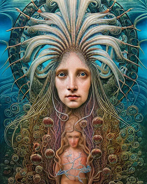 Image similar to realistic detailed underwater portrait of the beutiful young goddess of the fish of the three times with an intricate headdress of corals, sea kelp, sea plants, fish, jellyfish, art by ernst haeckel, zdzisław beksinski, h. r. giger, gothic, neo - gothic, ornamental,