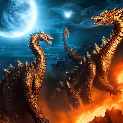 Image similar to ghidorah, majestic, breathtaking, lightining in background, ultrafine hyperrealistic detailed illustration by kim jung gi, irakli nadar, intricate linework, sharp focus, bright colors, matte, movie still from godzilla king of monsters, final fantasy, unreal engine highly rendered, 8 k, global illumination, radiant light, intricate environment