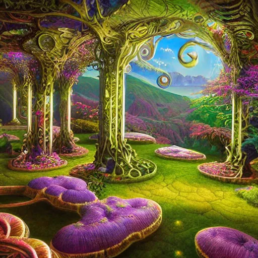 Prompt: cosmic garden ridge nature photography intricate details fantasy art nouveau weird by artgerm, frank gehry, evgeny lushpin, m. c. escher, rhads, john howe, lisa frank, greg rutkowski