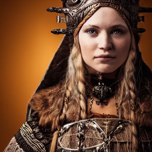 Image similar to beautiful Viking queen with ornate cloak, highly detailed, 4k, HDR, smooth, sharp focus, hyper realistic, high resolution, award-winning photo