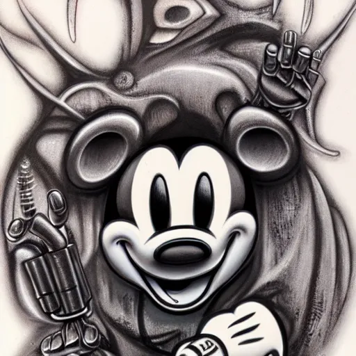 Image similar to Mickey Mouse in the style of H.R. Giger, airbrush and ink render,