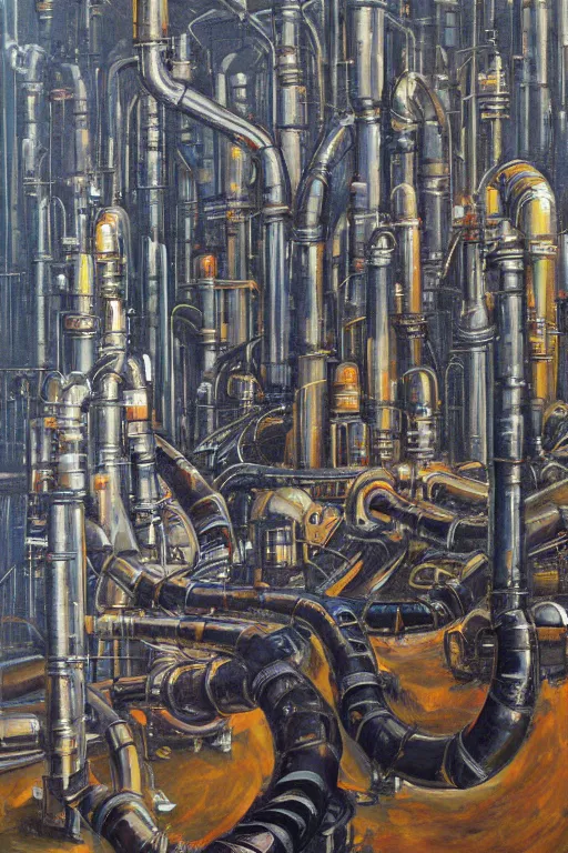 Prompt: oil painting, extra long-view, hight detailed, millions small melting industrial pipes, in style of 80s sci-fi art