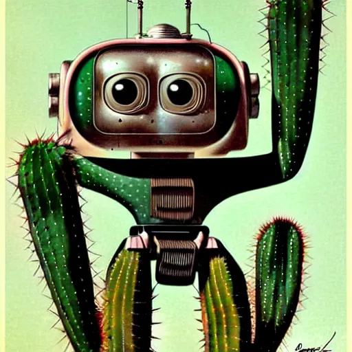 Image similar to 1950s retro cactus robot, Bionic Arms and eyes . muted colors. by Jean-Baptiste Monge