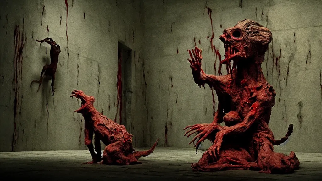 Prompt: the creature in the basement, made of ceramic and blood, surrounded by animals, film still from the movie directed by denis villeneuve and david cronenberg with art direction by salvador dali and zdzisław beksinski, wide lens