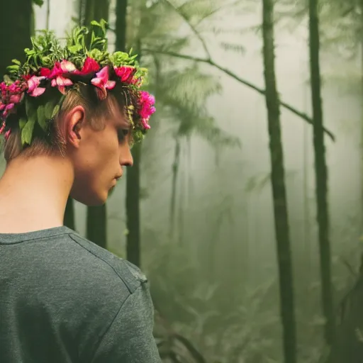 Prompt: close up kodak portra 4 0 0 photograph of a skinny guy with short blonde hair standing in a dark exotic jungle, back view, flower crown, moody lighting, telephoto, 9 0 s vibe, blurry background, vaporwave colors, faded!,