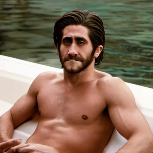 Image similar to move poster cinestill of Jake Gyllenhaal sitting in a hot tub in the movie Waiting for Kristin