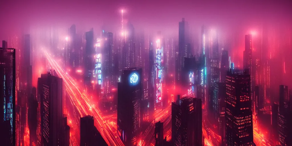 Image similar to megacity streets seen from above, neon signs, giant tv screens, eerie fog, blade runner, ex machina