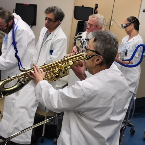 Image similar to doctors playing saxophone made out of clear tubing, syringes, urine collection bag, iv pole, fluid bag, nebulizer equipment, bag - valve mask, intubation equipment, speculum, defibrillator, coban, flexiseal, picc dressing. capacity crowd at concert in surgical theater.