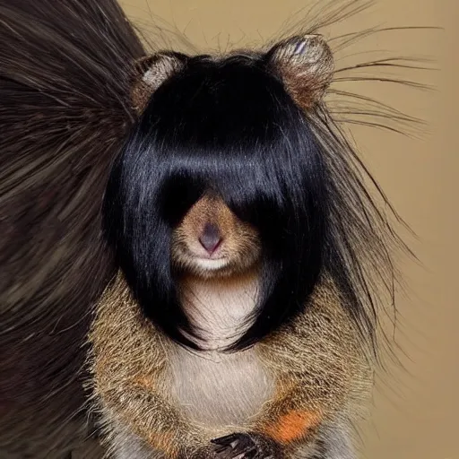 Prompt: long black hair wig on a quokka wearing a long black hair wig, wig!!! animal-wearing-wig!!!!! S 6 2379449105