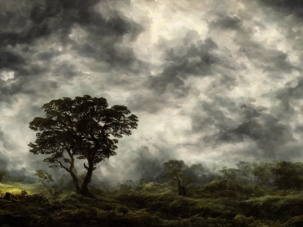 Image similar to detailed landscape, forests. very detailed dark super storm, hyper realistic clouds, impressive, magical, very atmospheric, smoke boiling, cinematic, deep, very high complexity, stunning, masterpiece, chiaroscuro, in the style of caspar david friedrich and laura den hertog and michael creese, very detailed. 4 k