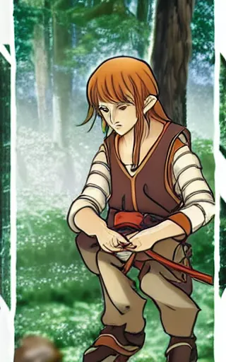 Image similar to an wood elf boy getting ready for an high fantasy adventure on the mountain side, anime style, tarot card, Tarot card the fool