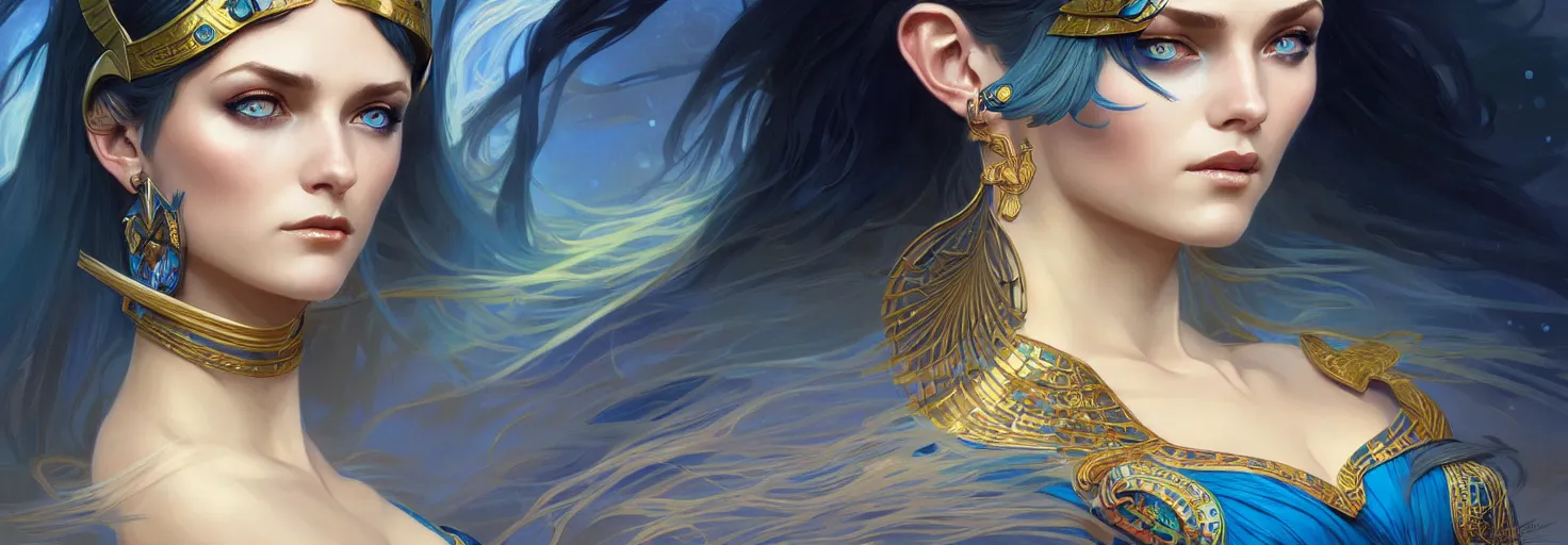 Image similar to fantasy magic woman portrait, blue eyes, face, cleopatra hair, astral, intricate, elegant, highly detailed, digital painting, artstation, concept art, smooth, sharp focus, illustration, art by artgerm and greg rutkowski and alphonse mucha