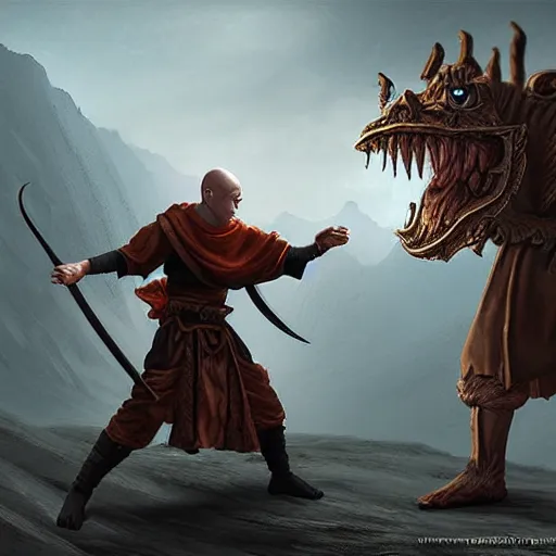 Prompt: a fantasy matte painting of a dnd monk fighting a creature, detailed, realism dnd,