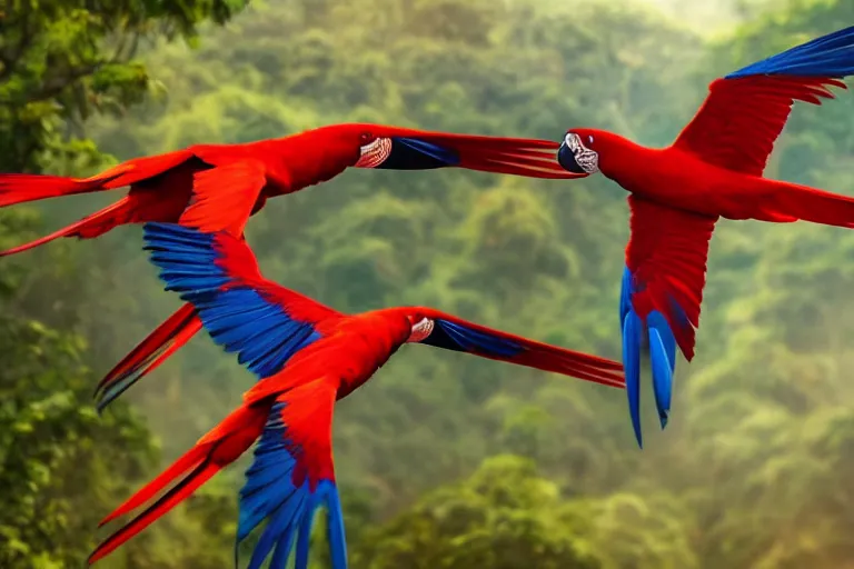 Image similar to gorgeous scarlet macaws flying at beautiful sunset in the distance through the forest, jungle mountains in the background, highly detailed, trending on art station, very detailed birds, art by greg rutkowksi