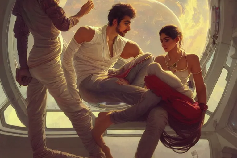 Image similar to Sensuous good looking pale young Indian doctors wearing jeans in a space station above Earth, portrait, elegant, intricate, digital painting, artstation, concept art, smooth, sharp focus, illustration, art by artgerm and greg rutkowski and alphonse mucha