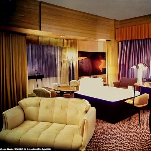 Image similar to a lavish las vegas hotel suite where sad geeks with computers are having a party with drinks, 1990s photograph