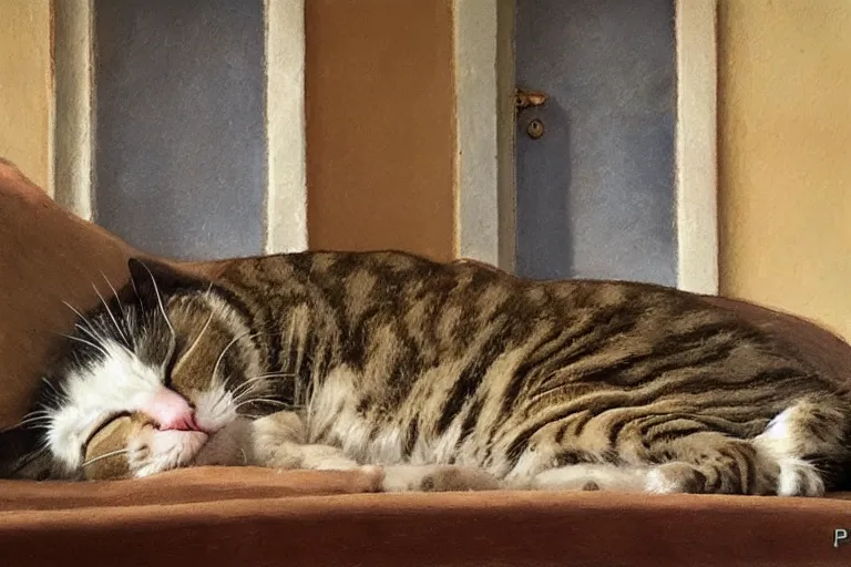 Prompt: Photo of Funny singular cat sleeping in provence style living room, photorealism,