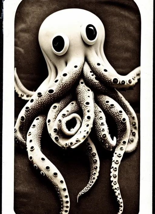 Image similar to anthropomorphic octopus , wearing a suit, tentacles spilling out of the collar, vintage photograph, sepia