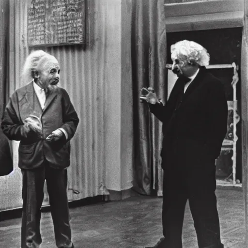 Image similar to Albert Einstein and Gzuz discussing theoretical physics, photograph