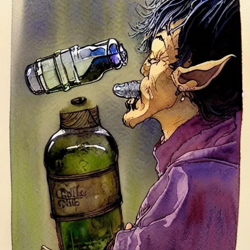 Image similar to a realistic and atmospheric watercolour fantasy character concept art portrait of a sleazy homeless chibi yoda wearing a wife beater drinking out of a broken bottle, by rebecca guay, michael kaluta, charles vess and jean moebius giraud