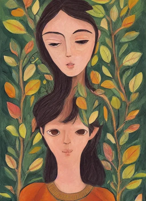 Prompt: a wonderful childrens illustration book portrait painting of a woman with serene emotion, art by tracie grimwood, forest, trees, many leaves, birds, whimsical, aesthetically pleasing and harmonious natural colors