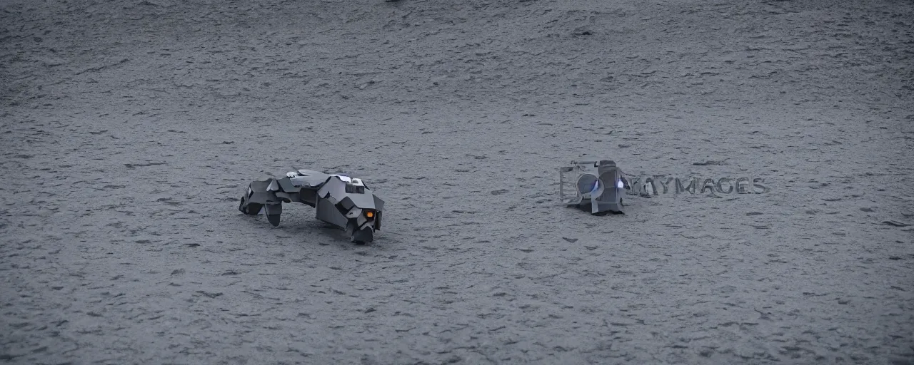 Image similar to low angle cinematic shot of lone futuristic mech in the middle of an endless black sand beach in iceland, icebergs, 2 8 mm