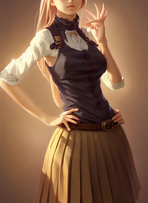 Image similar to portrait of a full body of beautiful young female detective, d & d, sleeveless turtleneck, pleated skirt, fantasy, flat lighting, intricate, highly detailed, digital painting, artstation, concept art, smooth, sharp focus, illustration, misa amane, art by simon bisley and greg rutkowski and alphonse mucha, natural tpose