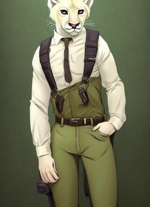 Prompt: beautiful portrait commission of a male furry anthro!!! albino mountain lion wearing a pale-yellow dress shirt, olive green slacks, and suspenders. Atmospheric. Character design by charlie bowater, ross tran, artgerm, and makoto shinkai, detailed, inked, western comic book art