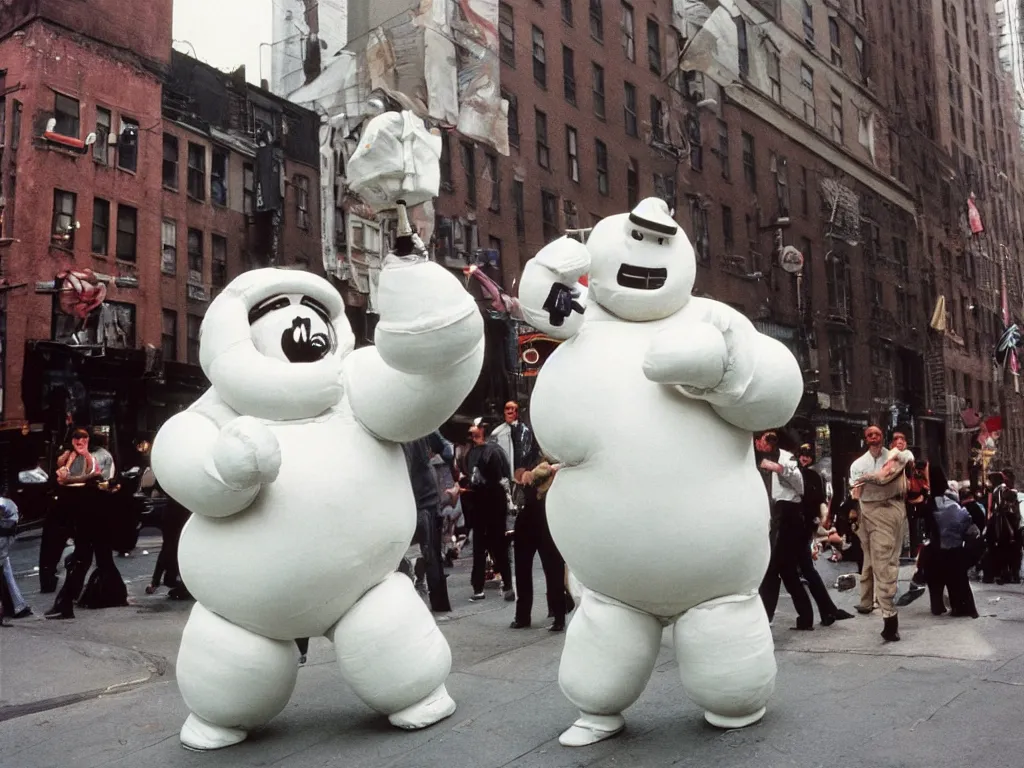 Image similar to 3 5 mm kodachrome colour photography of michelin man and stay - puft marshmallow man dancing in the streets of new york, taken by harry gruyaert
